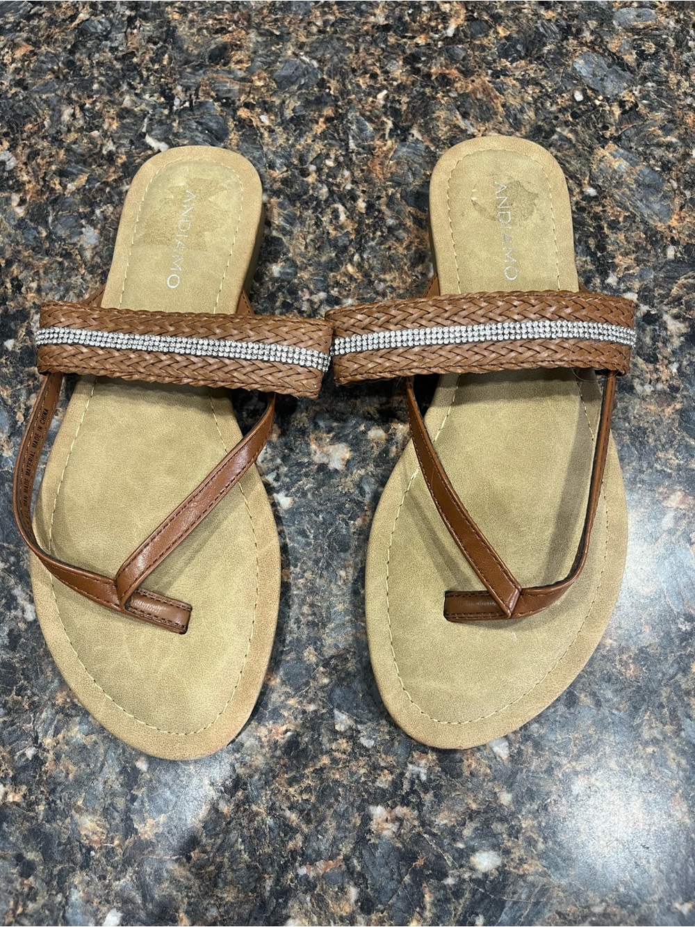 Women’s Brown Braided Thong Sandals with Rhinestone Accent